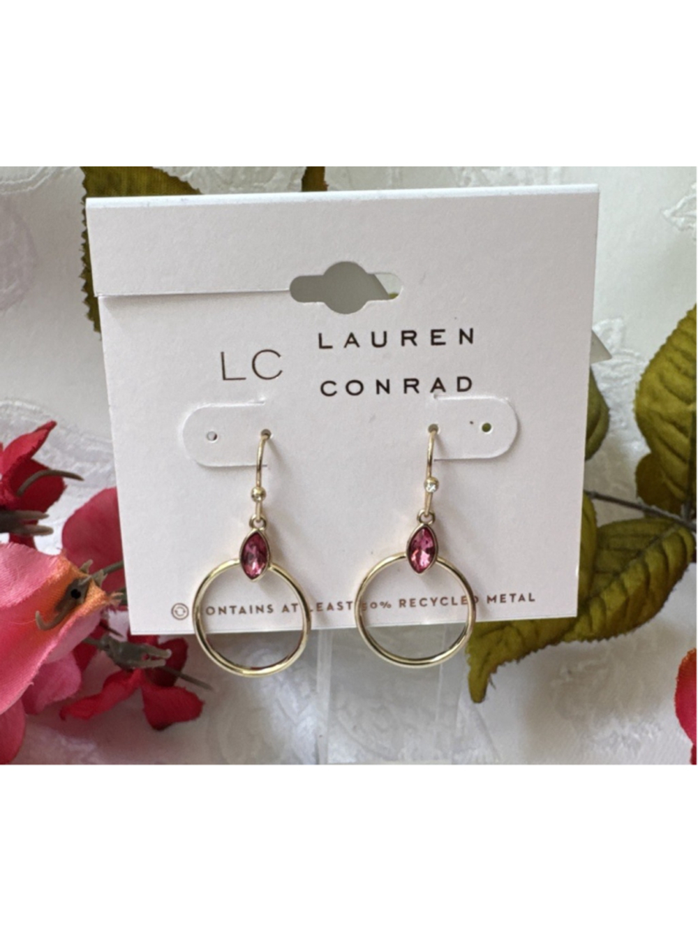 LC Lauren Conrad Pink Stone Gold CZ Tiny Hoop Dangle Rhinestones Earrings NEW